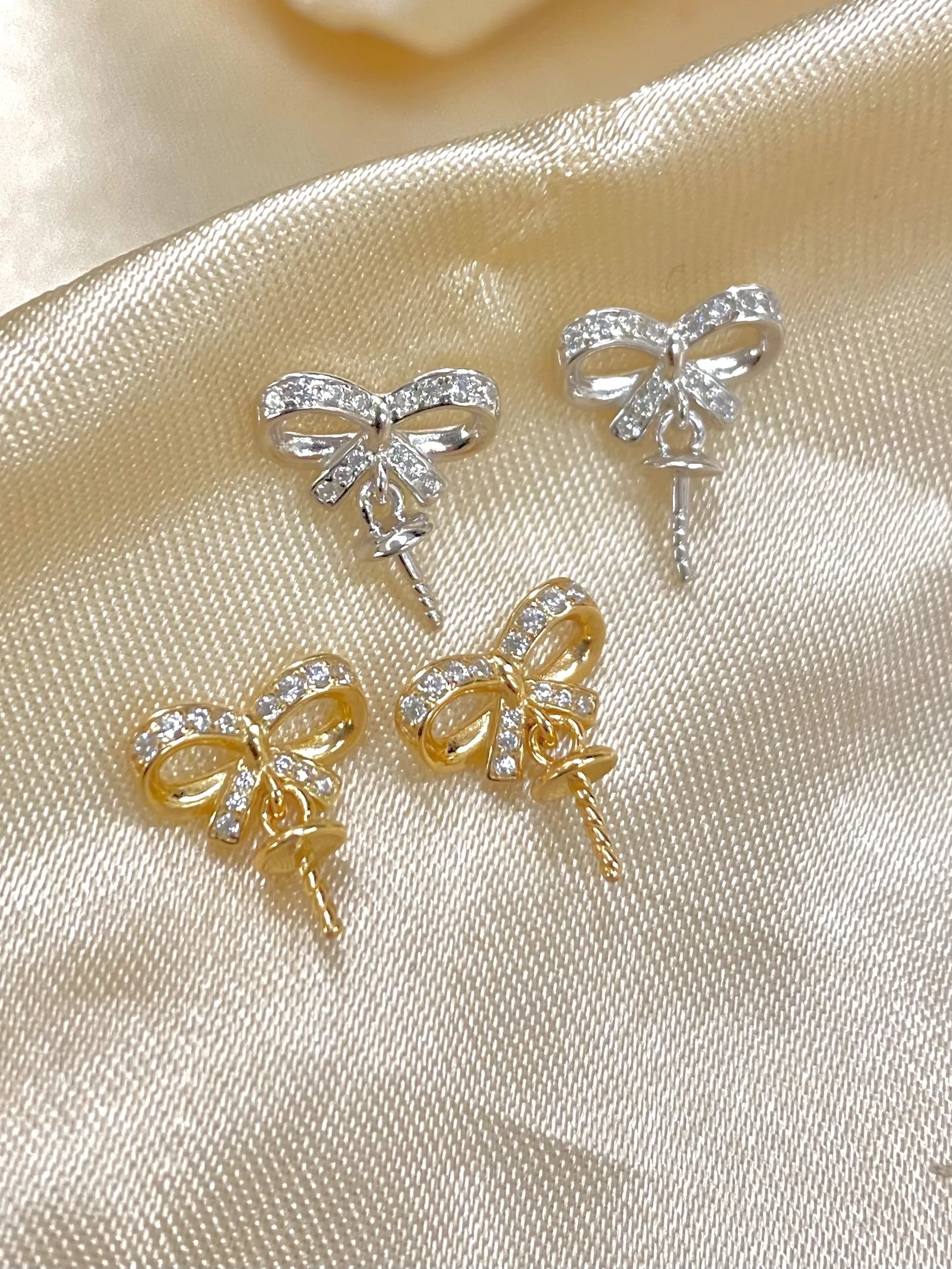 【精工S925银蝴蝶结锆石耳钉DIY配件】手作 · 银色